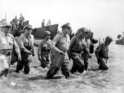 Leyte Landing photo of Gen Douglas McArthur, President Sergio Osmena and Carlos P Romulo